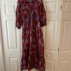 Free people maxi length maroon and powder blue print dress